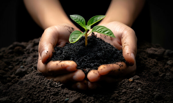 Plant in hands, Planting a plant, Ecology concept, Nature green World, Save the planet background illustration	