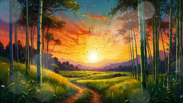 beautiful grassland with bamboo trees at sunset, oil painting illustration style, infinitely looping 4K virtual video animation background.