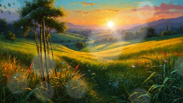 beautiful grassland with bamboo trees at sunset, oil painting illustration style, infinitely looping 4K virtual video animation background.