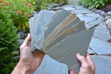 stone flooring tiles fanned out in a persons hands with a garden backdrop