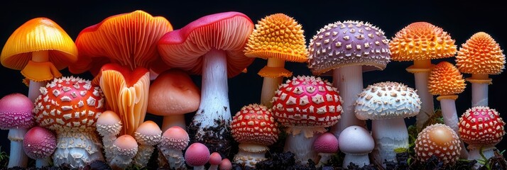Detailed pattern of different types of mushrooms and fungi, Background Image, Background For Banner - obrazy, fototapety, plakaty