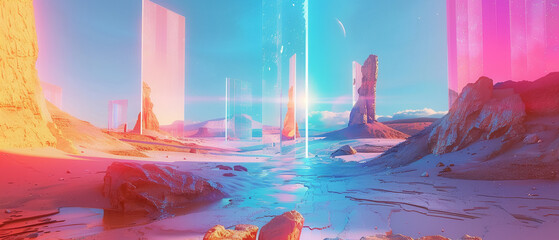 Desert landscape with a neon mirage simplicity meets vibrance