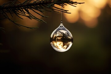 Macro Shot of Water Droplet Hanging from Spruce Branch in Forest