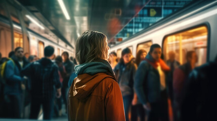 A woman stands on a busy subway train with people