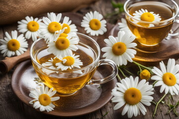 Chamomile Herbal Tea in Glass Cups with Fresh Daisy Flowers