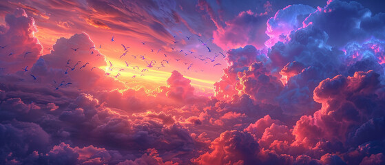 Digital birds flying through neon cloud formations sky art - obrazy, fototapety, plakaty