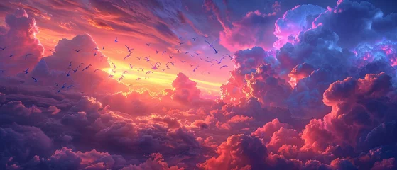 Fotobehang Digital birds flying through neon cloud formations sky art © Keyframe's