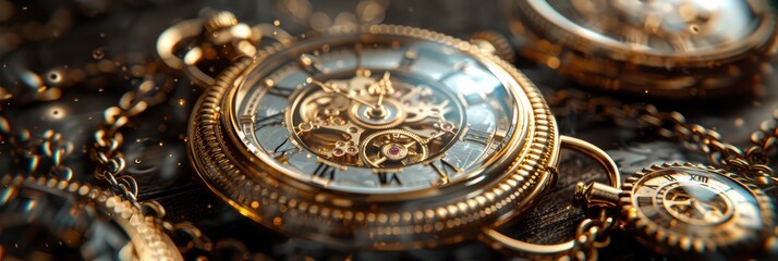 Obraz premium Detailed pattern of old-fashioned pocket watches and chains, Background Image, Background For Banner