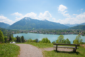 Naklejka na ściany i meble lookout place above lake tegernsee, view to Rottach-Egern and wallberg mountain, upper bavaria