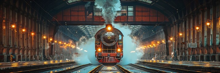 Detailed pattern of vintage train engines and railway tracks, Background Image, Background For Banner - obrazy, fototapety, plakaty