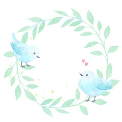 Two white birds in love on a wreath of green branches. Round frame with leaves. Romantic Watercolor illustration, delicate design on isolated background.