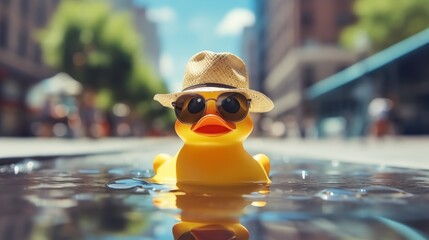 Hello summer. Super cute rubber duck swimming in the puddle. Ai generated image - obrazy, fototapety, plakaty