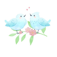 Two White Birds in love on a branch with Pink Flowers. Romantic Watercolor illustration, delicate design isolated on white background. Design for card, print on t-shirt, bag, notebook.  