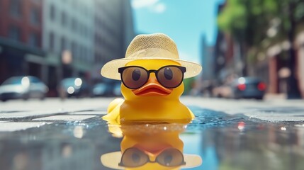 Hello summer. Super cute rubber duck swimming in the puddle. Ai generated image