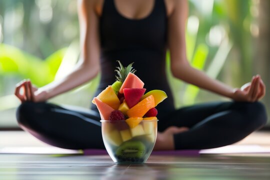 yoga pose with a peaceful fruit salad blend