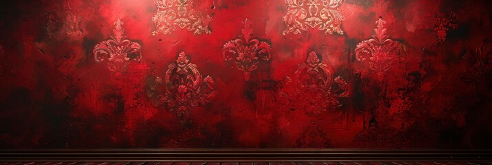 Elegant damask pattern with vintage floral designs in deep red and gold, Background Image, Background For Banner