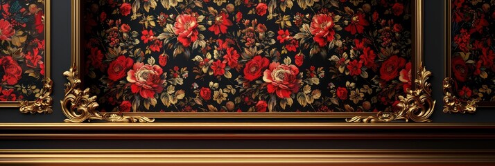 Obraz premium Elegant damask pattern with vintage floral designs in deep red and gold, Background Image, Background For Banner