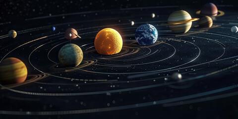3d solar system planets with 3d gps pointers location - obrazy, fototapety, plakaty