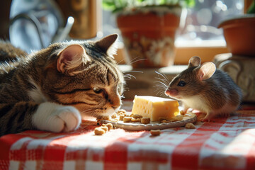 a cat and a mouse eat on the kitchen table.