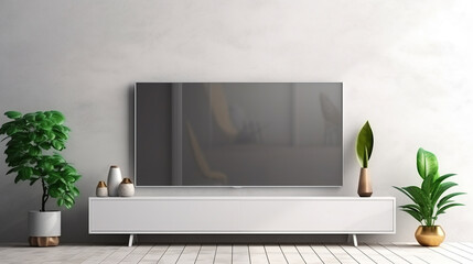 blank mockup tv wall mounted in a living room. modern home decoration