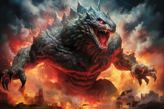 poster of a kaiju surrounded by fire around a city