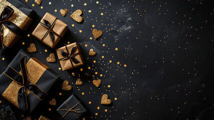 Gold and black ribbon wrapped gift boxes placed to the left with fallen golden hearts on a black background