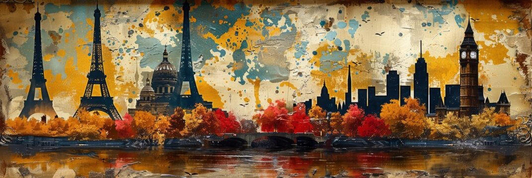 Elegant pattern of Parisian landmarks and romantic scenes, Background Image, Background For Banner