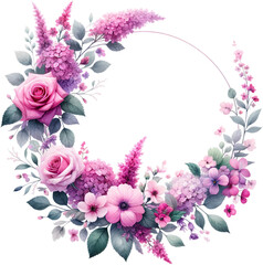 Vibrant Pink and Purple Floral Wreath Design isolated on solid white background : overlay texture with copy space