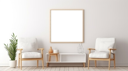 Fototapeta na wymiar blank mockup empty poster frame in scandinavian style with white armchair