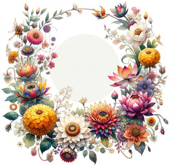 Obraz na płótnie Canvas Colorful Botanical Frame with Eclectic Flowers isolated on solid white background : overlay texture with copy space
