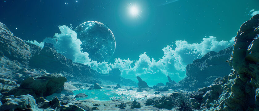 Dream like VR adventure gamer traverses sci fi realms realistic colors ground the unreal setting