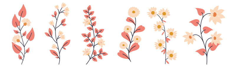 Collection of spring flowers and leaves, hand draw florals for patterns, greeting cards, invitation or posters. Cartoon  modern flowers on white background. Vector floral arrangements.