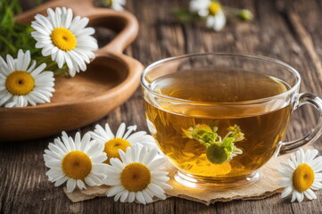 Fototapeta na wymiar Transparent Cup of Chamomile Tea with Fresh Flowers on Wooden Surface