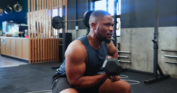 Black man, dumbbells for weightlifting and muscle in gym, thinking and power with challenge and lens flare. Exercise, fitness equipment and workout with athlete, sport and biceps from weight training