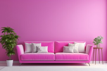 a purple couch with white pillows in front of a purple wall