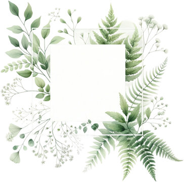 Green Fern and Foliage Frame with Blank Space isolated on solid white background : overlay texture with copy space
