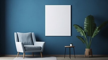 empty poster blank mockup with vertical frames on empty dark blue wall. elegant room concept