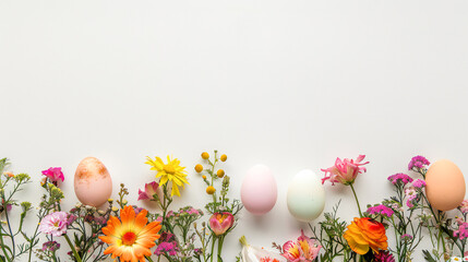 Easter eggs and a vibrant line of spring flowers on white background