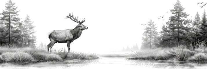 Hand-drawn sketch of forest wildlife with deer, birds, Background Image, Background For Banner - obrazy, fototapety, plakaty