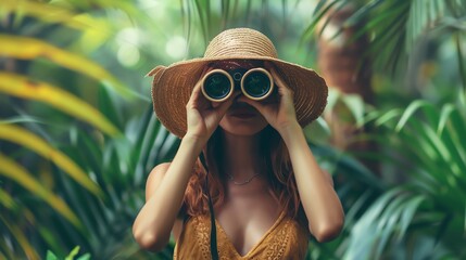 Hello summer. Woman tourist in the jungle. Ai generated image