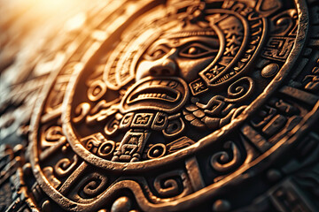 Close-up of ancient Aztec calendar stone carvings.