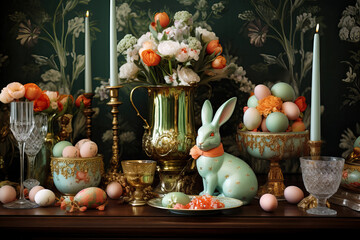 View of traditional Easter decorations with crockery, bouquet of flowers and painted eggs.