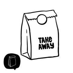 Hand drawn set of a take away bag. Vector illustration Burger house and take away. Doodle takeaway box.