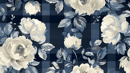 peonies and checkered pattern in dark blue and beige