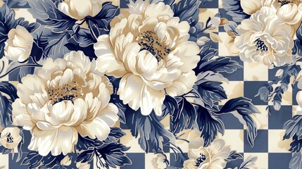 peonies and checkered pattern in dark blue and beige