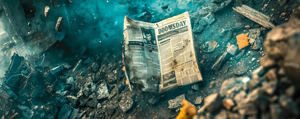 DOOMSDAY in a newspaper in a post apocalyptic image - obrazy, fototapety, plakaty