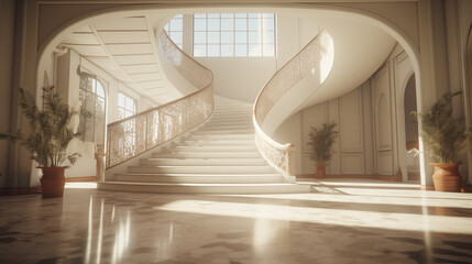 Elegant Grand Staircase Illuminated by Natural Light - obrazy, fototapety, plakaty