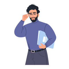 A young man with glasses holds a folder in his hands and adjusts his glasses. Human poses. The man is posing. Vector illustration in a flat style isolated on a white background