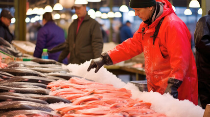 Busy fish market by the sea, many buyers are bargaining - obrazy, fototapety, plakaty