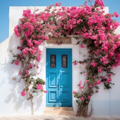 Fototapeta na wymiar A white building featuring a striking blue door adorned with vibrant pink flowers. The contrast of colors creates a visually appealing scene.